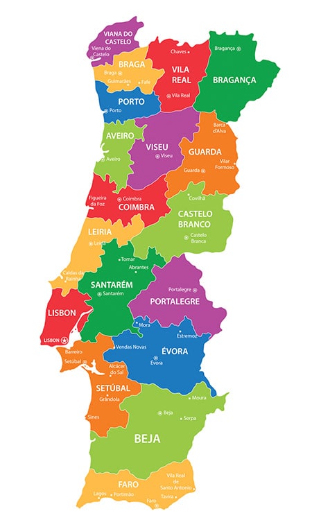 Mapa de Portugal continental e respectivas regiões